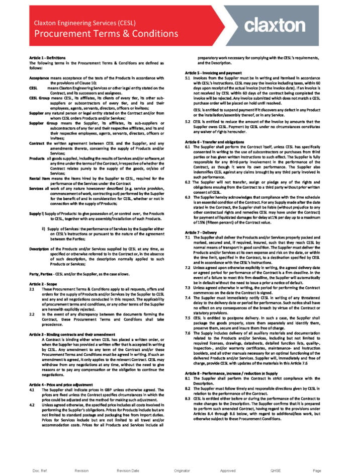 CLAXTON ENGINEERING SERVICES PROCUREMENT TERMS AND CONDITIONS Page 1 aspect ratio 350
